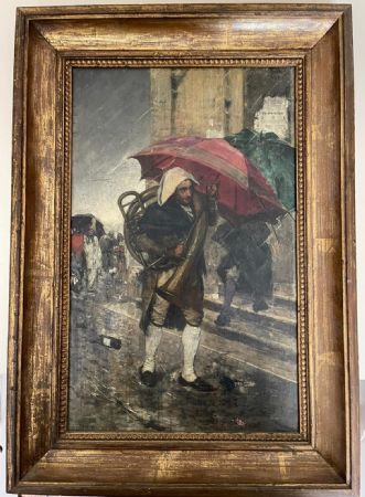 Ethofer Theodor Josef (1849-1915) “Procession of masks on a rainy day”. Oil painting on wood in excellent condition. Signed and dated lower left: “TH. ETHOFER ROM
    